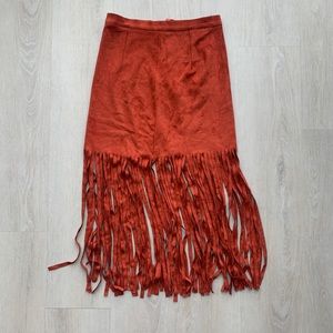 MissGuided	Burnt Orange Suede Fringe Midi Skirt
